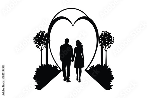 Romantic Couple Garden Silhouette with Heart Arch