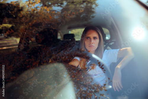 Fotografía Worried Driver Sitting in her Car Feeling Stressed Out