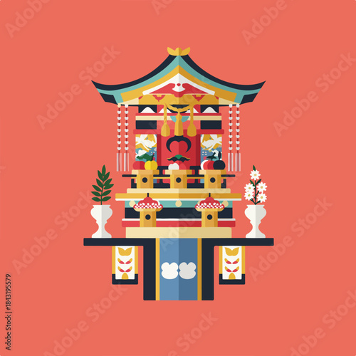 Japanese kamidana shrine for home worship, suitable for cultural designs, religious concepts, traditional rituals, and interior decor projects.
