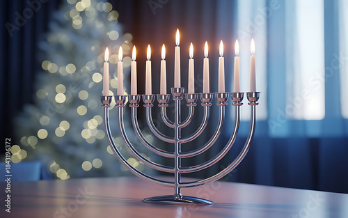 Menorah with lit candles on a table with a blurred christmas tree background