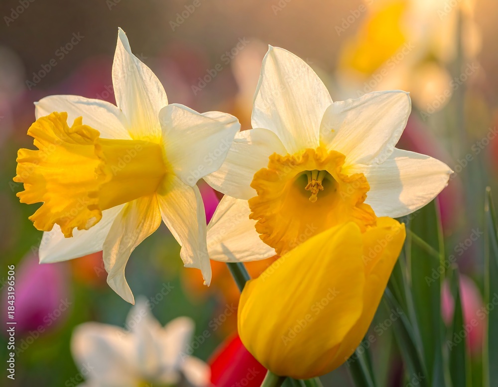 Obraz premium Close-up of daffodils with yellow trumpets and petals in soft focus