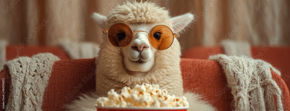 Obraz premium Llama wearing sunglasses and enjoying popcorn while sitting on couch 