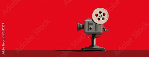 Vintage film projector on a red background in minimalist design  