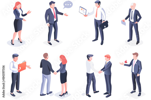 Isometric business professionals interacting in various workplace scenarios and negotiations