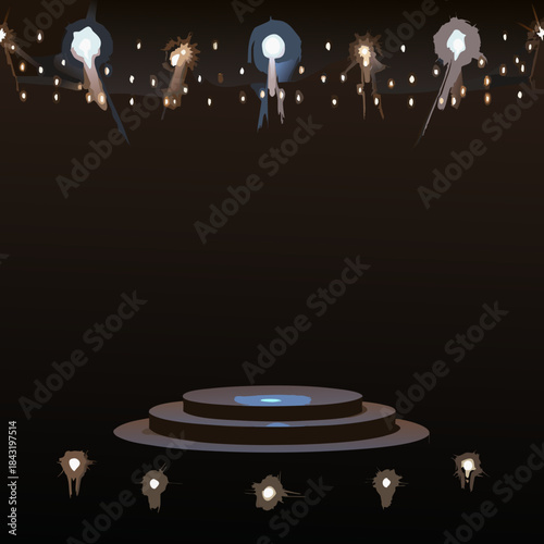 A dark stage with a spotlight and tiered platform for presentation