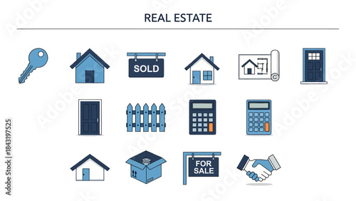 A set of blue and dark blue real estate icons arranged in three rows