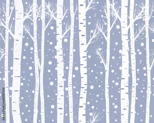 A winter scene featuring white birch trees and gentle falling snow