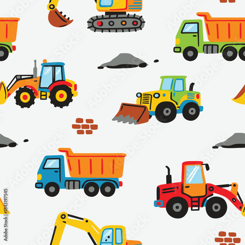 Colorful Cartoon Construction Vehicles Seamless Pattern for Kids