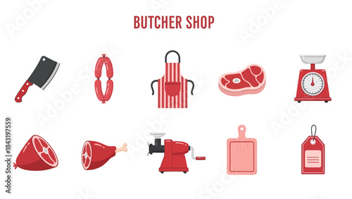A set of ten red and pink butcher shoprelated icons on a white background