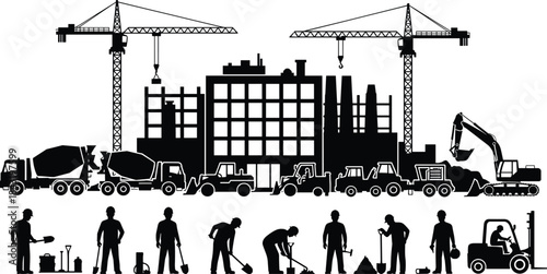 Construction Site Vector Silhouettes: Featuring Heavy Equipment, Tower Cranes, Buildings, Industrial Vehicles, and Workers with Tools for Building and Real Estate Design.