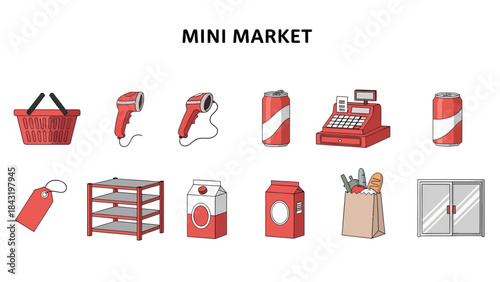 Red and white icons illustrating various minimarket elements against a white background