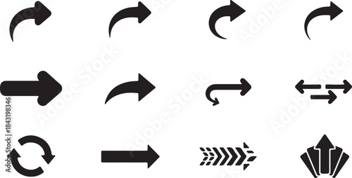 Set of black arrow icons with different shapes and directions on a white background pointer symbol