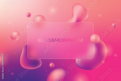 Modern glass shapes and bubbles on pink background with class modism text.
Glass morphism abstract shapes and colors concept.