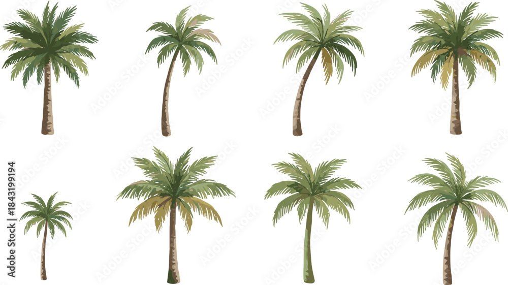 Fototapeta premium Set of Eight Different Watercolor Palm Tree Varieties Vector Illustration, Ideal for Tropical Vacation, Summer Travel, Beach, or Resort Design Elements