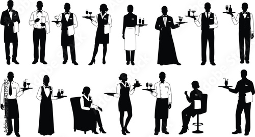 Elegant Hospitality Staff Vector Silhouettes: Waiters and Waitresses in Formal Attire Serving Beverages and Food on Trays, Ideal for Restaurant and Hotel Design.