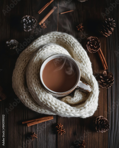 Cozy hot chocolate with cinnamon and pinecones on a wooden table