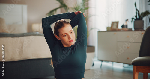Photos Fitness, stretching and thinking with woman in bedroom of home for start of training routine
