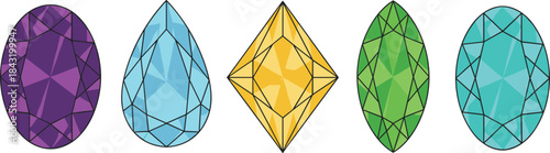 Five Different Colorful Precious Gemstones in Various Faceted Cuts Vector Illustration Set, Including Oval, Pear, and Marquise Shapes, for Jewelry Design
