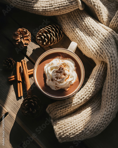 Cozy hot chocolate with marshmallows wrapped in a chunky knit blanket