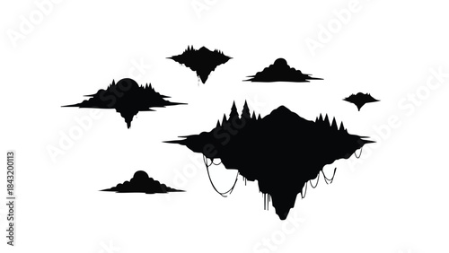 Mysterious dark floating islands with silhouettes of trees and strange shapes against a white background