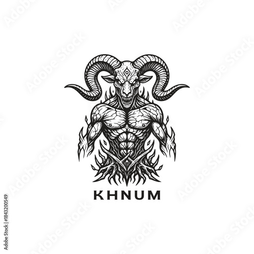 Detailed hand-drawn illustration of the Egyptian ram-headed god Khnum, featuring a powerful muscular physique and ornate horns, perfect for t-shirt design and mystical branding