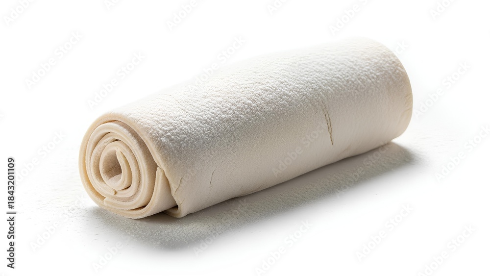 Fototapeta premium Rolled noodle dough with flour dusting over clean white background