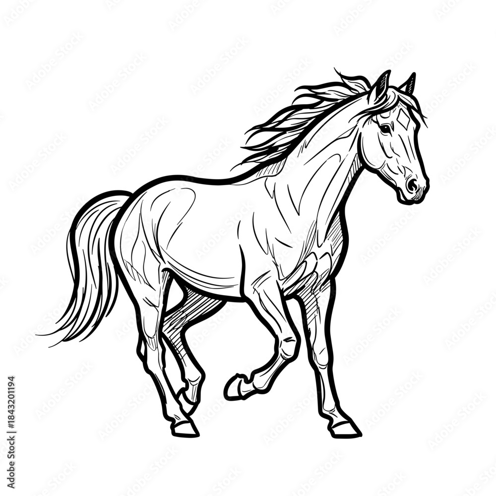 Fototapeta premium Elegant horse trotting gracefully with flowing mane in outline style