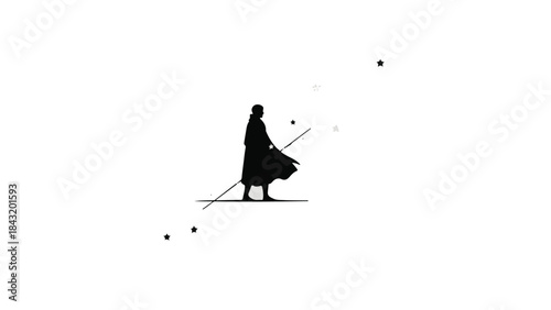 Lone figure in silhouette holds a staff against a backdrop of scattered dots and lines, evoking a sense of mystery and exploration.