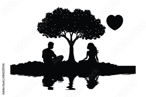 Lovers Silhouette by Lakeside with Heart Reflections 