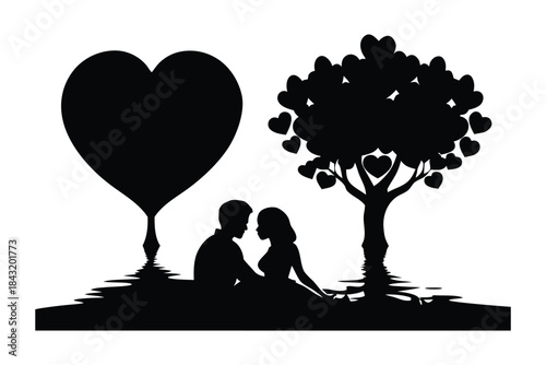 Lovers Silhouette by Lakeside with Heart Reflections 