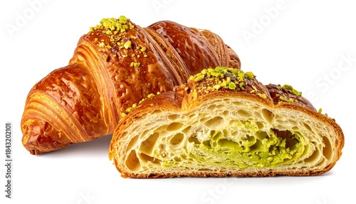 Close-up of two fresh croissants, one cut to show pistachio filling