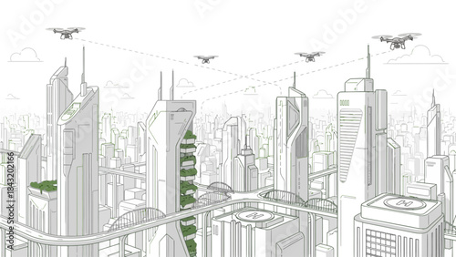 Futuristic city skyline with advanced technology and green urban spaces