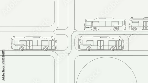 Clean line art illustration showcasing multiple public transit buses moving on an urban road network, representing organized city transport systems and the dynamics of traffic flow