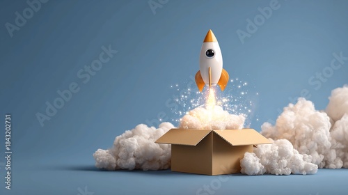 A toy rocket ship emerging from a cardboard box on a blue background with clouds and smoke effects around it