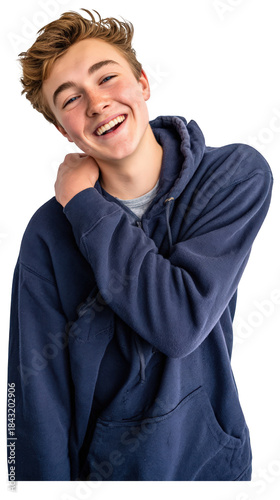 Happy teenage boy in a blue hoodie laughing joyfully isolated on transparent background.