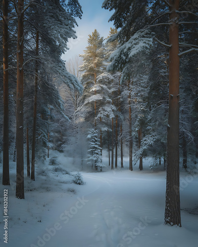 Snowy pine forest path illuminated by soft sunlight