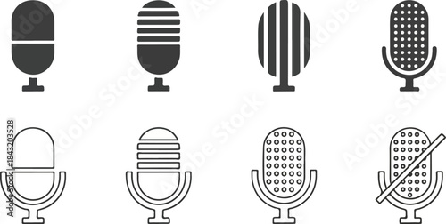 Set of eight different microphone icons in black and gray on a white background.