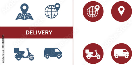 Flat lay of delivery icons on a white background with a red banner.