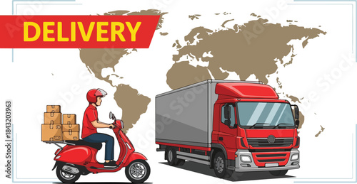 Illustration of a delivery person on a scooter with packages and a large truck against a world map background with a red delivery banner.