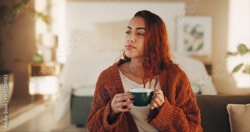 Quadro su tela Home, thinking and woman in lounge, coffee and morning with wonder, thoughtful and ideas