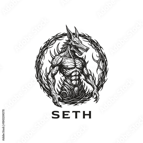 Mythical Egyptian god Seth illustration with a canine head inside a thorn wreath in vintage hand-drawn engraving style
