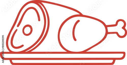Roasted Meat Platter Icon – Isolated on Transparent Background Red Outline Vector Illustration