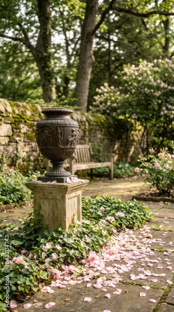 Fototapeta premium Tranquil Garden Scene with Ancient Urn on Stone Pedestal.