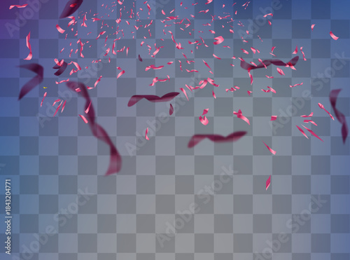 A festive party design element with pink confetti and streamers. Falling glittery pink confetti isolated on a transparent background.