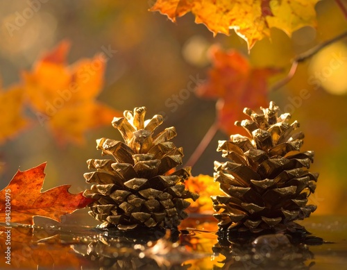 Close-up of two golden pine cones with vibrant autumn leaves in soft sunlight