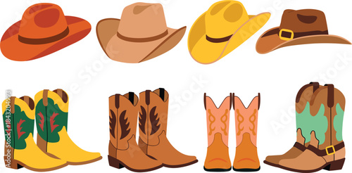 Collection of Cowboy Hats and Boots in Various Styles on White Background Keywords: cowboy hat