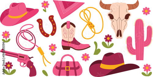 Cowboy Western Themed Elements in Pink and Burgundy illustration untitled