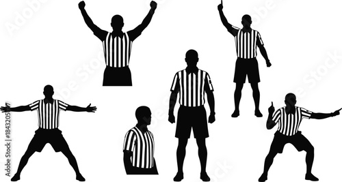 Referee silhouette illustration, sports signal poses, striped shirt icon, football gesture vector, cad drawing flat vector illustration