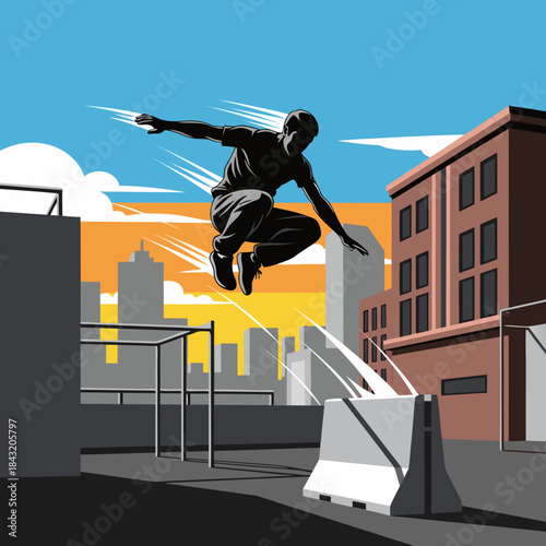 Parkour athlete leaping over barrier in urban rooftop setting  