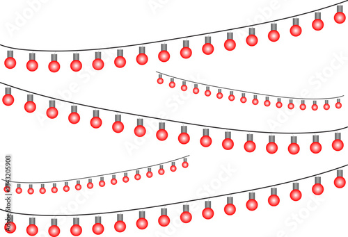 Red glowing bulb string lights decoration set with hanging festive garland design isolated on white background perfect for party celebration holiday events wedding decor and graphic design projects